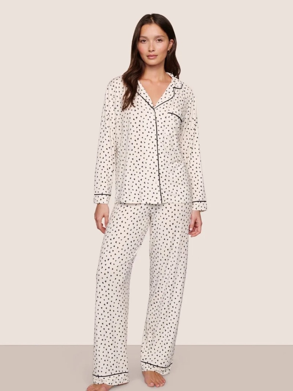 Eberjey Cream Heart-Print Pajama Set with Black Trim